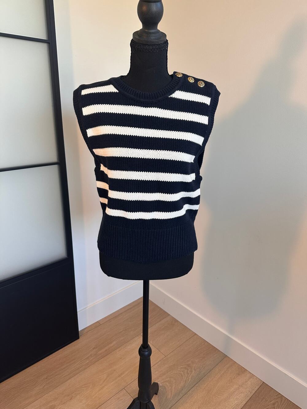 Cabi Navy and White Striped Nautical Sleeveless Sweater Gold Buttons Size M